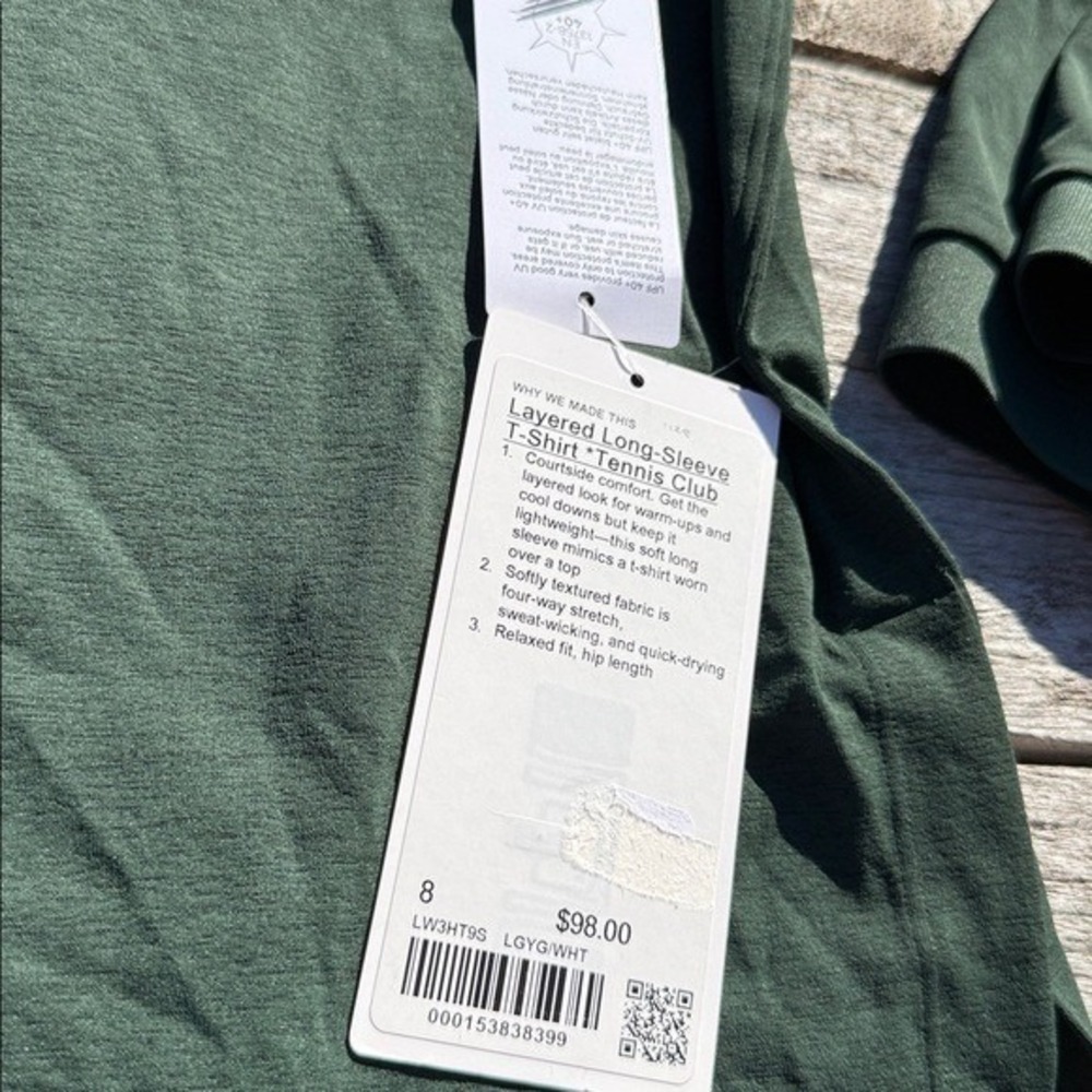 Lululemon Tennis Club Layered Long Sleeve Legacy Green White Size 8 NWT UPF 40+ - Picture 3 of 5